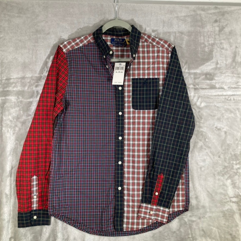 Polo Ralph Lauren Boys XL 18-20 Holiday Multi Patchwork Plaid Button Down Shirt
